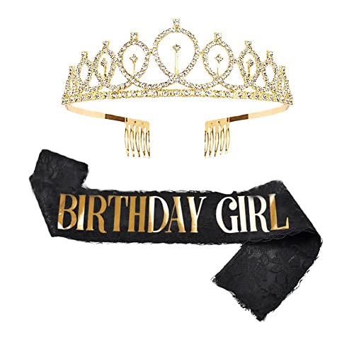 2 Stück Golden Birthday Queen Spitze Schärpe und Krone,Schwarz Geburtstagsgürtel mit goldenen Buchstaben Geburtstag Schärpe Mädchen Geburtstagskrone Diamantkrone Dekoration für Mädchen Frauen von REYOK