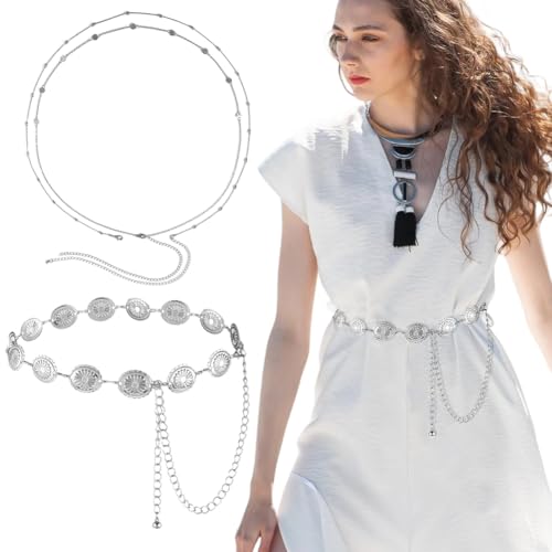 REYOK 2 Stück Western Metall Concho Gürtel,Ausgehöhlte Daisy Boho Taillenkette,Frauen Boho Kette für Kleider Jeans Western Cowgirl Taille Links Girdle Oval Metall Concho von REYOK