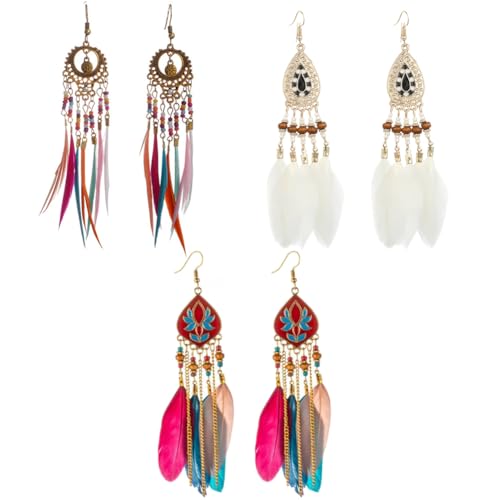 3 Paar Böhmische Feder Ohrringe, Damen Bohemian Fransen Feder Ohrringe Set, Ethnische Lange Bunte Mädchen Fringe Ohrringe für Weihnachten Valentinstag Muttertag Geburtstag Geschenk von REYOK