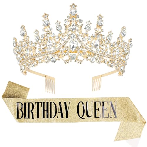 Geburtstag Tiara und Schärpe Mädchen Krone Dekoration Schärpe Gold Birthday Girl Schärpen Hochzeit Braut Tiara Stirnband Kristall Strass Prinzessin Tiara Krone mit Kamm für Geburtstag Party von REYOK