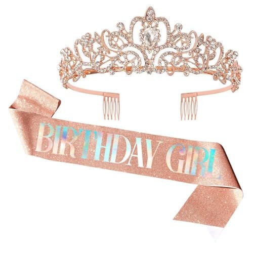 Geburtstag Tiara und Schärpe Mädchen Damen, Dekoration Schärpe Krone Roségold Birthday Girl Schärpen Hochzeit Braut Tiara Stirnband Kristall Strass Prinzessin Tiara Krone mit Kamm für Geburtstag Party von REYOK