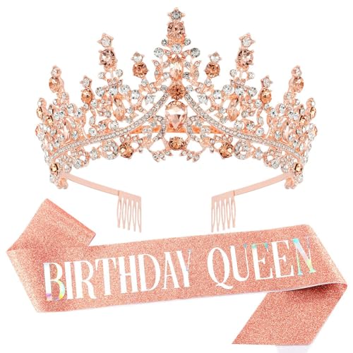 Geburtstag Tiara und Schärpe Mädchen Roségold Krone Dekoration Schärpe Birthday Girl Schärpen Hochzeit Braut Tiara Stirnband Kristall Strass Prinzessin Tiara Krone mit Kamm für Geburtstag Party von REYOK