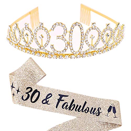 Gold Geburtstagskrone 30. Geburtstag Crystal Tiara Crown mit 30 & Fabulous Geburtstagsschärpe Feier Princess Crown Party Jubiläumsfeier von REYOK