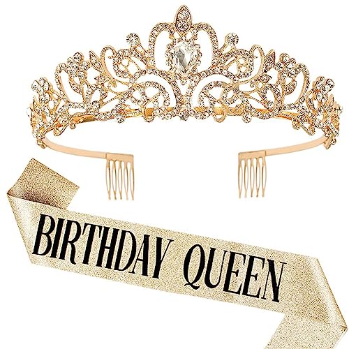 Gold Krone Schärpe Set Mädchen Diademe Strass Prinzessin Krone Kristall Crown mit Birthday Queen Schärpe Birthday Girl Geburtstags Tiara Haarschmuck für Kinder Tiara Dress Up Party Gastgeschenke von REYOK