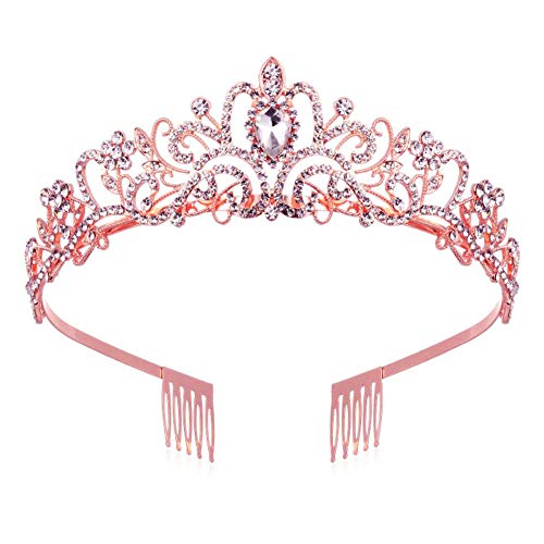 MZSM Kristall Tiara Roségold Krone Stirnband Prinzessin Elegante Tiara mit Kämmen, Strass Hochzeitstag Geburtstag Tiara Kristall Brautkrone mit Kamm Prinzessin Krone Stirnband für Frauen von MZSM