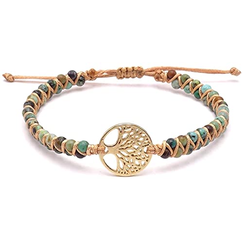 Lebensbaum Freundschaftsarmband,Damen Yoga Armband Schmuck,Lebensbaum Armband mit Perlen,Lebensbaum Anhänger aus Jaspis Edelstein Perlen Grün Bunt Gold Verstellbar Meditation Boho Handgemachtes von REYOK