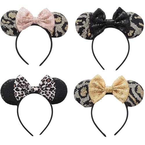 Leopard Print Ohren Maus Haarreifen Set Glitter Schmetterling Stirnbänder Mouse Ears Headbands für Kinder & Erwachsene Partys Cosplay Kostüm, Weihnachten Haarband(4 Stück) von REYOK