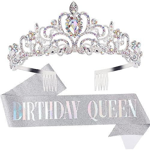 Mädchen Silber Krone Schärpe Set Diademe Strass Prinzessin Krone Kristall Crown mit Birthday Queen Schärpe Birthday Girl Geburtstags Tiara Haarschmuck für Kinder Tiara Dress Up Party Gastgeschenke von REYOK