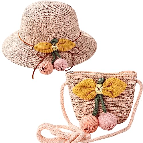 Mädchen Sommer Sonnenhut Set,Kleine Umhängetasche,Visier Sonnenhut,Kleine Kugel Dekoration Kinder Strohhut und Kleine Tasche für den Urlaub Reise Outdoor-Aktivitäten von REYOK