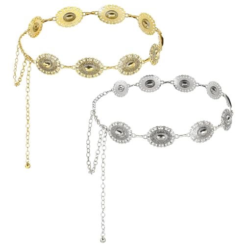 REYOK 2 Stück Western Metall Concho Gürtel,Ausgehöhlte Daisy Boho Taillenkette,Frauen Boho Kette für Kleider Jeans Cowgirl Taille Links Gürtel Oval Metall Belt von REYOK