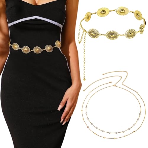 REYOK 2 Stück Western Metall Concho Gürtel,Verstellbare Metall Taille Kette,Cowgirl Boho Gürtel für Kleider Jeans Western Cowgirl Taille Links Girdle Oval Concho von REYOK