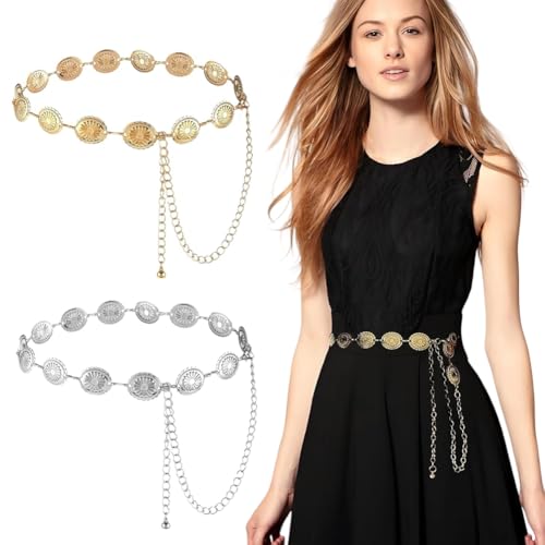 REYOK 2 Stück Western Metall Concho Gürtel,Verstellbare Metallic Taille Kette,Damen Boho Kettengürtel für Kleider Jeans Western Cowgirl Taille Links Gürtel Oval Metall Concho Girdle von REYOK