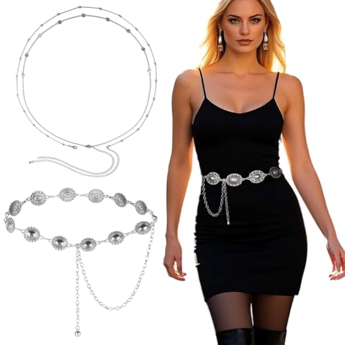 REYOK 2 Stück Western Metall Concho Gürtel,Verstellbare Metall Taille Kette,für Kleider Jeans Western Cowgirl Taille Links Gürtel Oval Concho von REYOK