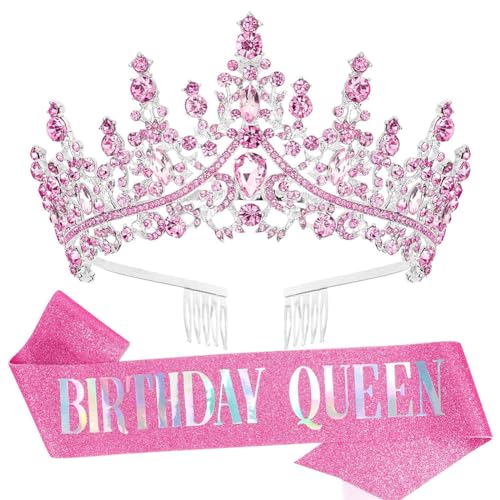 REYOK Geburtstag Tiara und Schärpe Mädchen Krone Dekoration Schärpe Rosa Birthday Queen Schärpen Hochzeit Braut Tiara Stirnband Kristall Strass Prinzessin Tiara Krone mit Kamm für Geburtstag Party von REYOK