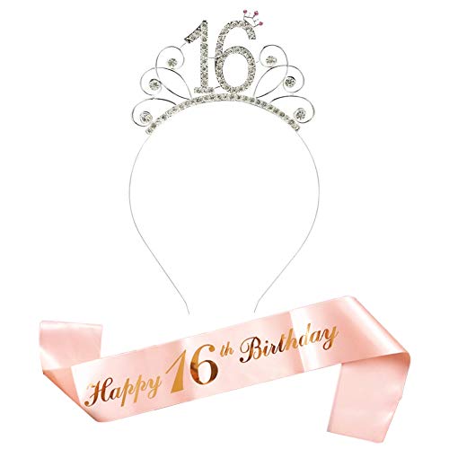 Rose Gold Happy 16. Geburtstag Schärpe und 16 Geburtstag Tiara Strass Krone Stirnband für 16 Geburtstag Geschenk Party Zubehör 16. Geburtstag Dekoration Mädchen von REYOK