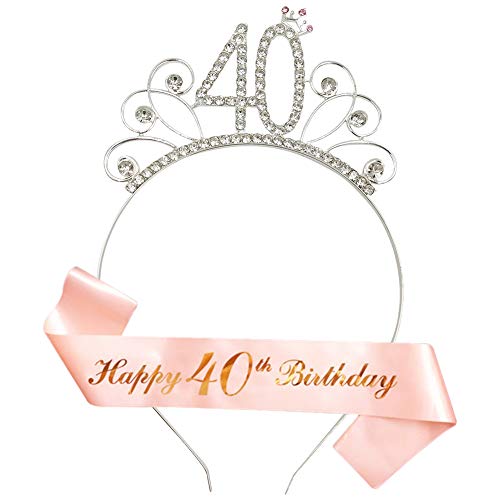 Rose Gold Happy 40. Geburtstag Schärpe und 40 Geburtstag Tiara Strass Krone Stirnband für 40 Geburtstagsgeschenk Party Zubehör 40. Geburtstag Dekoration Mädchen Frauen von REYOK