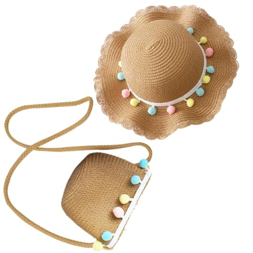 Strohhut Und Kleine Tasche Set,Mädchen Kinder Sommer Sonnenhut,Strandhut Outdoor Aktivitäten mit Farbiger Wollknäuel Sonnenhut Für Den Tourismus Urlaub Reise Strand Outdoor Aktivitäten von REYOK