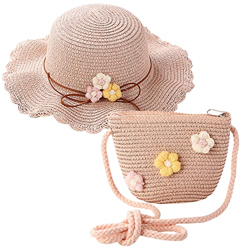 Strohhut und Kleine Tasche Set, Mädchen Kinder Sommer Sonnenhut Sonnenhüte mit Blumendekoration für den Urlaub Reise Outdoor-Aktivitäten Reisehut Sonnenhut für den Urlaub Reise (A-Pink) von REYOK