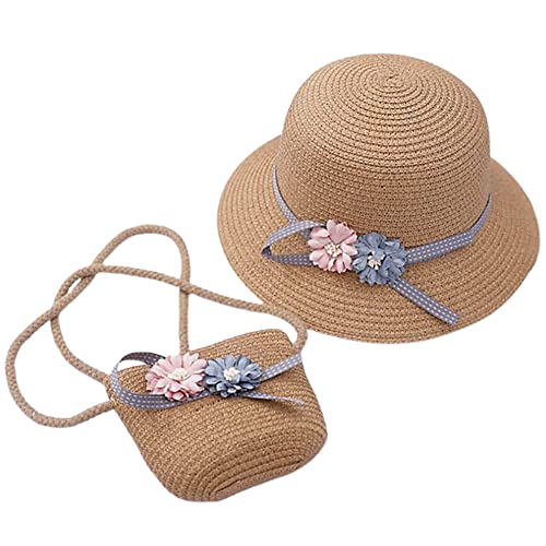 Strohhut und Kleine Tasche Set, Mädchen Kinder Sommer Sonnenhut Sonnenhüte mit Blumendekoration für den Urlaub Reise Outdoor-Aktivitäten Reisehut Sonnenhut für den Urlaub Reise (C-Khaki) von REYOK