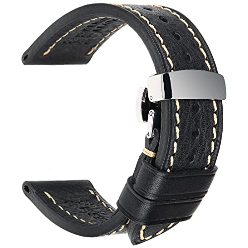 REZERO Leder-Uhrenarmband, 19 mm, hochwertiges Kalbsleder-Uhrenarmband mit Edelstahl-Schmetterling-Schnalle, Armband für Männer und Frauen, schwarz von REZERO