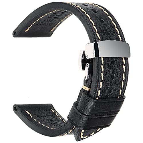 REZERO Leder-Uhrenarmband, 22 mm, hochwertiges Kalbsleder-Uhrenarmband mit Edelstahl-Schmetterling-Schnalle, Armband für Männer und Frauen, schwarz von REZERO