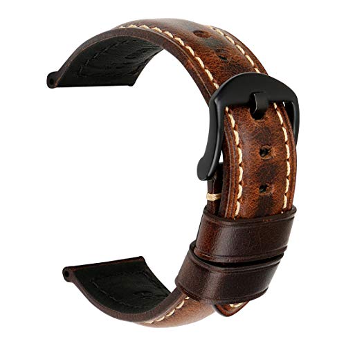 REZERO Uhrenarmband, Vintage-Ölwachs-Lederarmband, 5 Farben, 18 mm, 19 mm, 20 mm, 21 mm, 22 mm, 23 mm, 24 mm, 26 mm, Fettleder-Armband (Bandbreite 21 mm, Dunkelbraun + schwarzer Verschluss) von REZERO