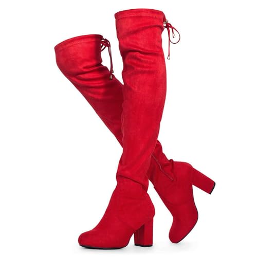 RF ROOM OF FASHION Chateau Damen Overknee-Stiefel mit Blockabsatz, Stretch-Stiefel (normale und breite Wade), Regular Calf Red Su - Chunky Heel, 38.5 EU von RF ROOM OF FASHION