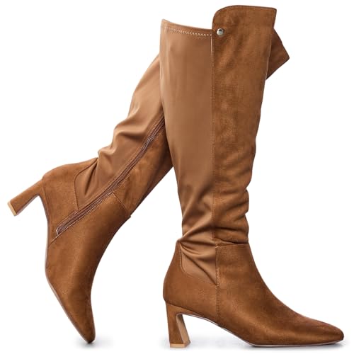 RF ROOM OF FASHION Damen-Stiefel, weite Wade, Blockabsatz, kniehoch, Tan Su (breite Wade, mittelhoher Absatz), 38 EU Weit von RF ROOM OF FASHION