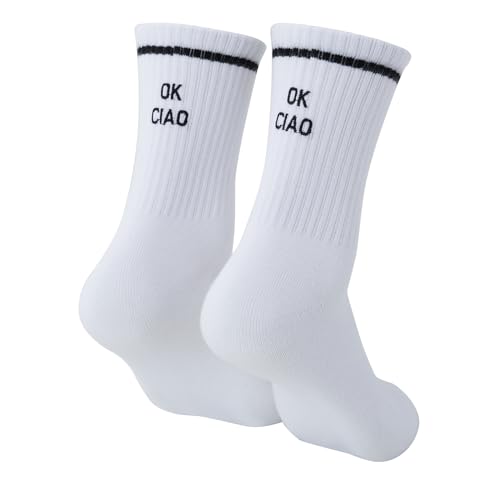 RF&CM Gestickte Socken, weiße Tennissocken mit Zitaten • Hochwertige Damen- und Herrensocken • Lustige Crew-Socken mit OK CIAO • Sportsocken von RF&CM