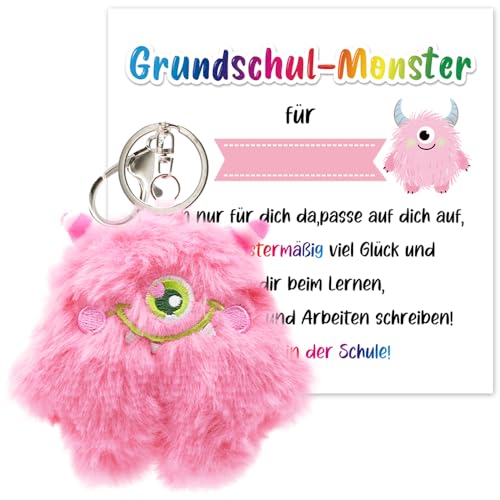 RFBEUTEL Schlüsselanhänger Schulkind Grundschul Monster Glücksbringer Schulanfang Junge Mädchen Einschulung Schule Endlich Schulkind Geschenk Einschulung Rosa von RFBEUTEL