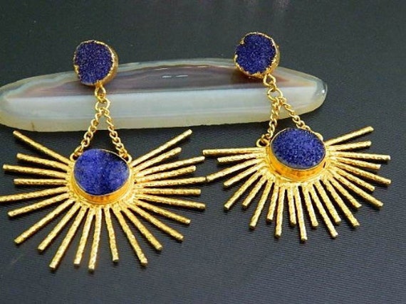 Druzy Sonne Ohrring Lünette Set Vergoldet Boho Jeweley Edelstein Ohrringe Geschenk Für Druzy Schmuck von RFGemsNjewels