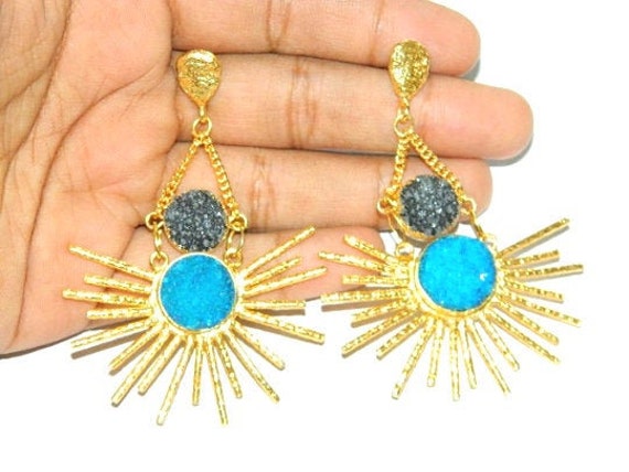 Druzy Sunburst Ohrringe, 18K Gold Galvanisierter Boho Schmuck von RFGemsNjewels