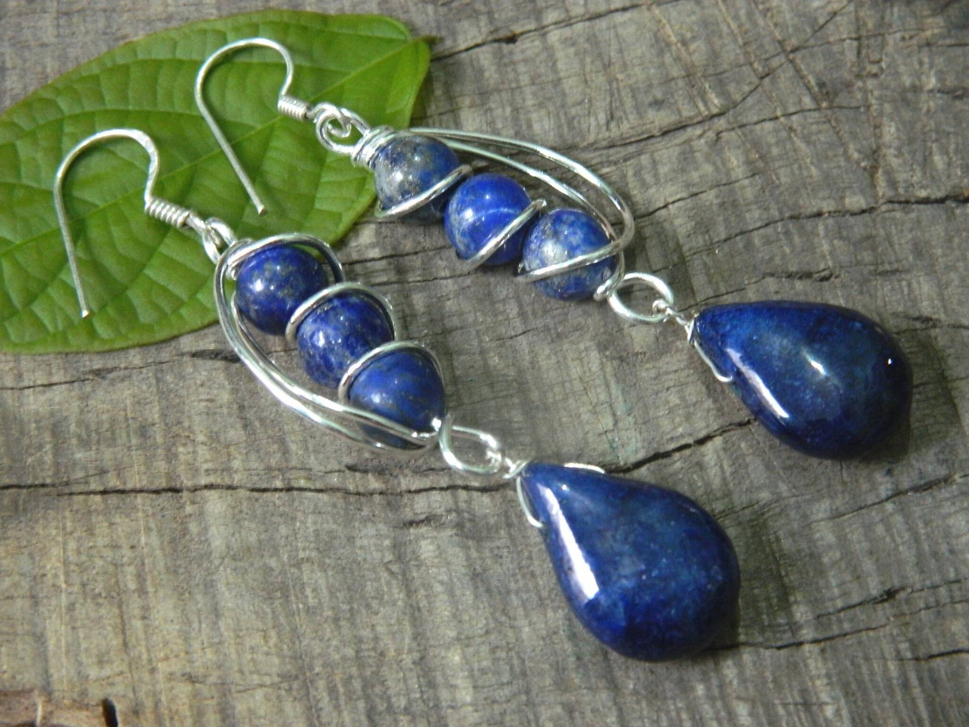 Edelstein Ohrring Wire Wrapped Lapis Silber Charm Ohrringe Schönes Geschenk Unikat Designer Für Sie von RFGemsNjewels