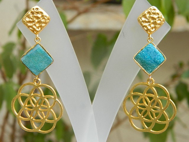 Edelstein Schmuck Natürliche Solar, Druz & Chalceodny Vergoldete Messing Ohrring Handgefertigte Einzigartige Designer Vintage Style Ohrringe von RFGemsNjewels