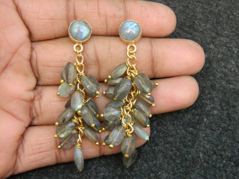 Labradorit Ohrring Echte Edelstein Perlen Schmuck Vergoldet Lünette Set Handmade Modeschmuck Unikat Designer Boho Geschenk Sal von RFGemsNjewels