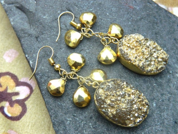 Natürliche Druzy Ohrring Vergoldet Mit Natürlichen Pyrit Perle Boho Schmuck Edelstein Ohrringe Geschenk von RFGemsNjewels