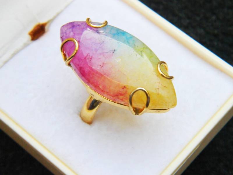 Natürliche Multi Farbe Solar Druzy Quarz Marquise Form Cabochon Vergoldetes Messing Ringe Einstellbar Mode Moderne Hochzeit Handgefertigter Schmuck von RFGemsNjewels