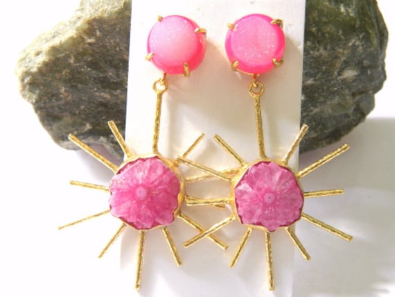 Natürliche Solar Druzy Achat Aufgehende Sonne Gold Überzogene Bolzen-Ohrringe Handgefertigter Echter Edelstein Vintage Style Einzigartige Designer von RFGemsNjewels