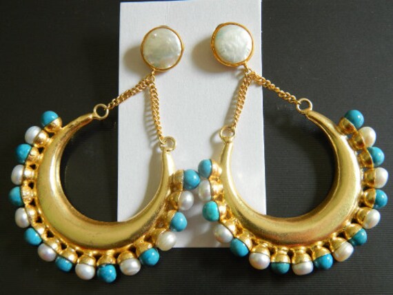 Natürliche Süßwasserperle Türkis Ohrring Vergoldete Handgemachte Traditionelle Statement Schmuck Geschenk Für Frauen von RFGemsNjewels