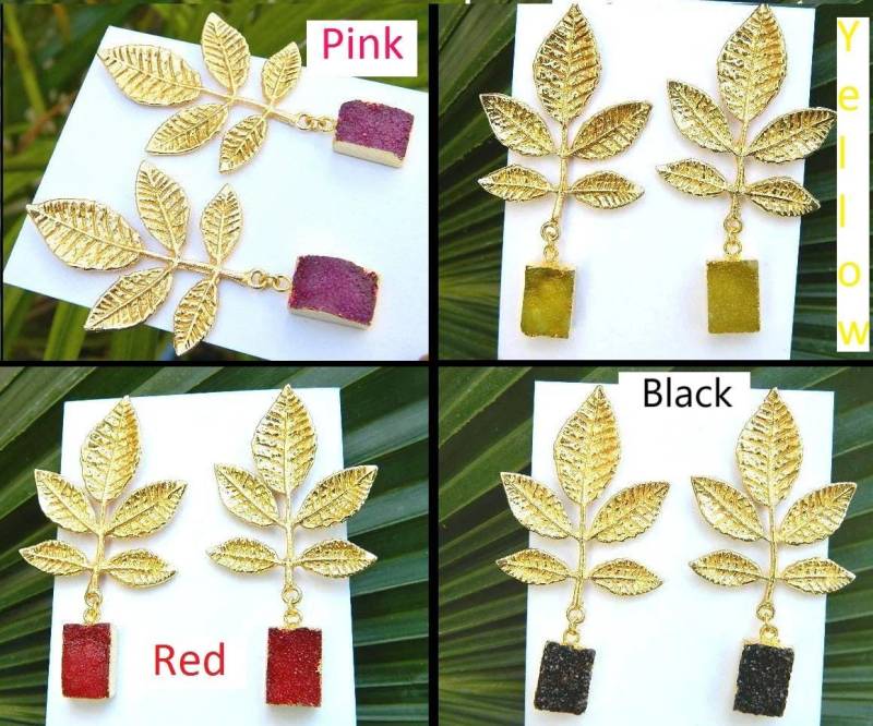 Natürliche Zucker Druzy 18K Füllgold Galvanisierte Ohrring Mit Blatt Bolzen Handgemachte Boho Designer Edelstein Schmuck Geschenk Für Frauen von RFGemsNjewels