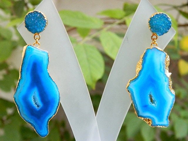 Natürlicher Edelstein Schmuck 18K Gold Filled Galvanisiert Druzy Achat Scheiben Ohrstecker Handgefertigte Vintage Style Designer Modeschmuck von RFGemsNjewels