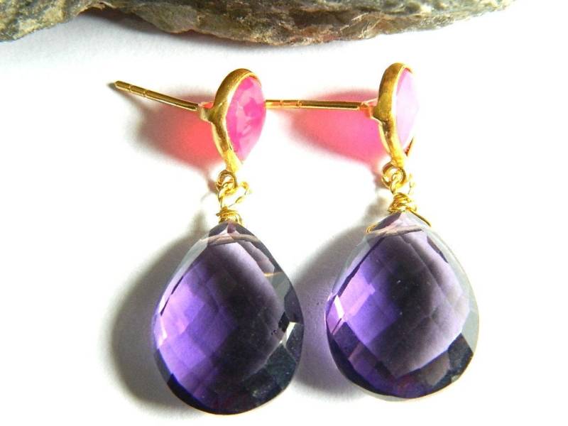 Pink & Blue Chalcedon Mit Blau, Lila Farbe Künstlicher Quarz Facettierte Perlen Ohrring Modeschmuck Handgefertigtes Einzigartiges Designer Geschenk von RFGemsNjewels