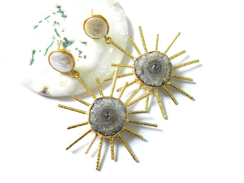 Solar Sun Ohrring Quarz Druzy Mit Ohrstecker Boho Schmuck Edelstein Ohrringe Modeschmuck von RFGemsNjewels