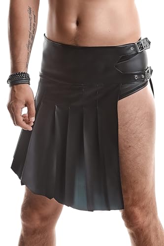 Herren Wetlook Rock schwarz Faltenrock im Gladiator Stil mit Schlitz und 2 Gürtelschnallen Knielang 5XL von RFP Dessous