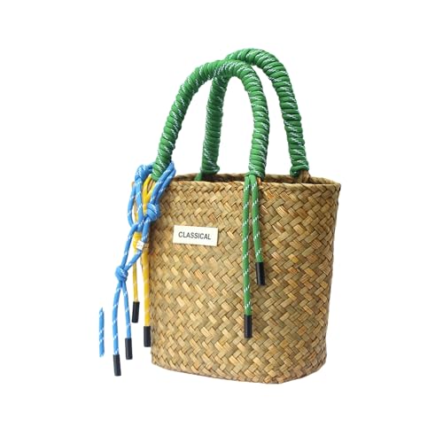 RFSHKOP Strohtaschen Damen Shopper Gewebter Tasche Strohbeutel Buntes Handseil Handgewebe-Gelber Bag 16 Cm (Mit) Grünes Armband von RFSHKOP