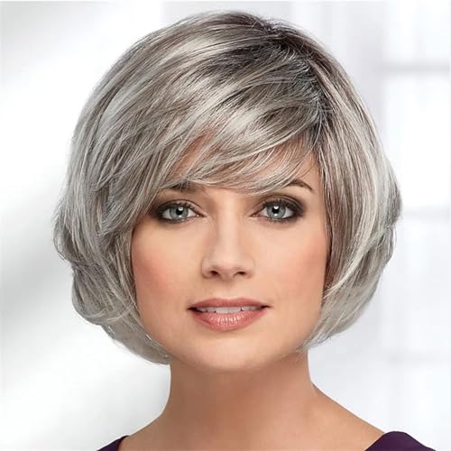 Perücken Blond Silber Braun Rot Kunsthaar Damen Kurze Gerade Ombre Bob Perücke mit Pony Perücke fasching von RFSHOPQW