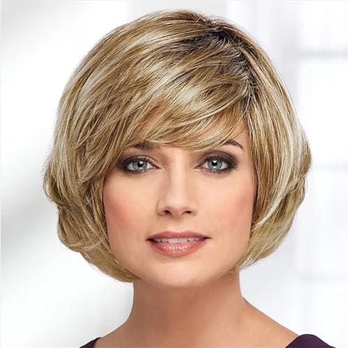 Perücken Blond Silber Braun Rot Kunsthaar Damen Kurze Gerade Ombre Bob Perücke mit Pony Perücke fasching von RFSHOPQW