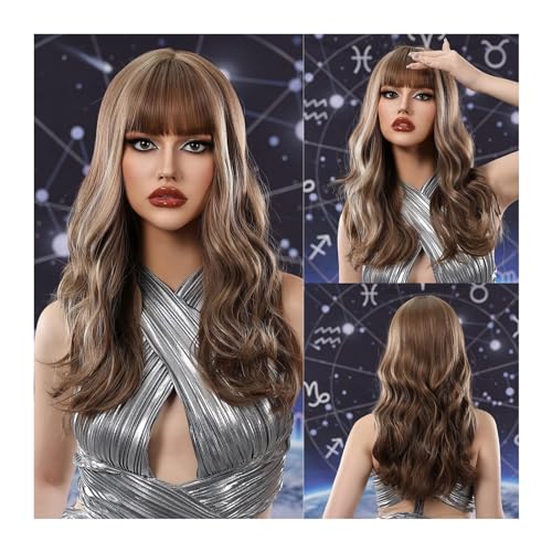 Perücken Cosplay-Party-Perücke, Hochtemperaturfaser, Braun bis Platin, Ombre, lange gewellte Kunsthaar-Perücken mit Pony for Frauen Perücke fasching von RFSHOPQW