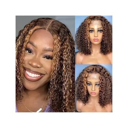 Perücken Deep Wave Perücke P4/27 Highlight Bob Perücke Echthaar T-Teil Transparent Lace Front Perücke for Frauen Perücke Fasching von RFSHOPQW