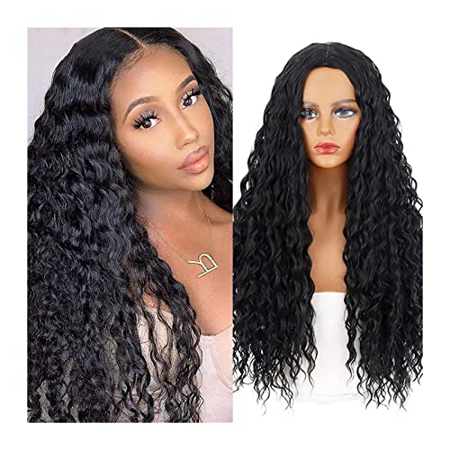 Perücken Lange Afro Kinky Curly Perücken for schwarze Frauen Naturschwarz Synthetische Mittelteil Perücken 28 "Kleber Hitzebeständige Kunstfaserperücken for den täglichen Gebrauch Perücke fasching von RFSHOPQW